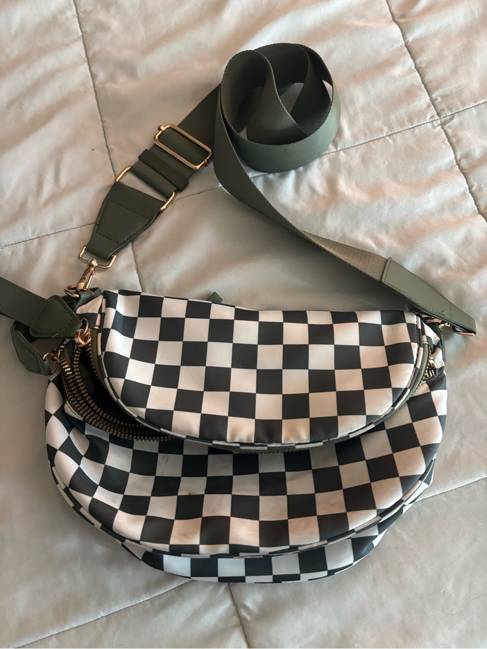 Checkerboard Crossbody “Bum-Bag” with Green Strap